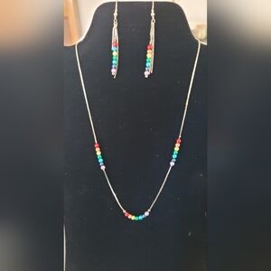 Colorful Beaded Sterling Silver Earrings and Necklace Set